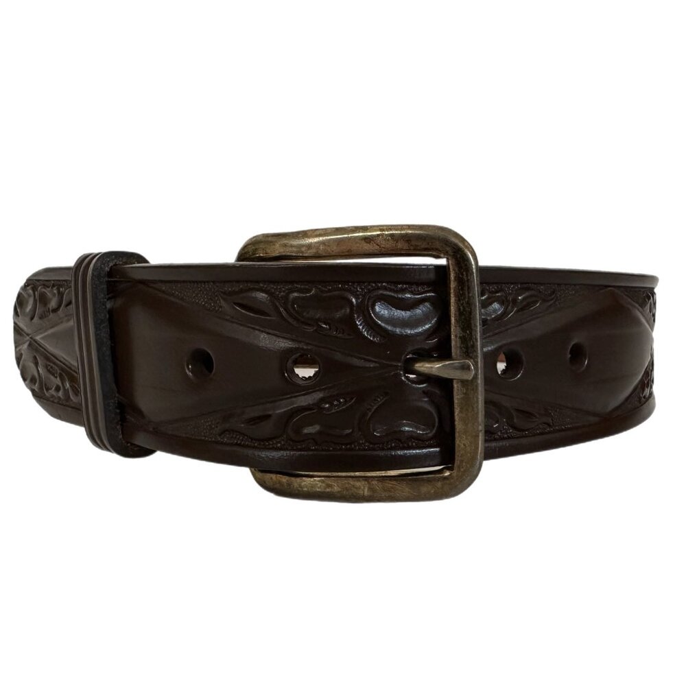 Looper Size 26 Fits Waist 23”-26.5” Brown Leather Hand Tooled Belt Gold Buckle